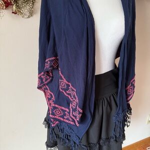 Belle Du Jour Boho Navy Blue and Pink Fringe Shrug